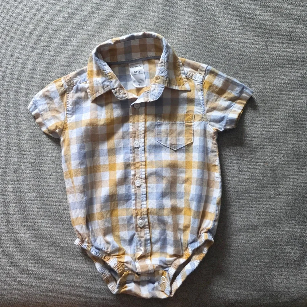 Carters Baby Boy 6M Yellow Blue Gingham‎ Plaid Button Down Bodysuit Romper Shirt